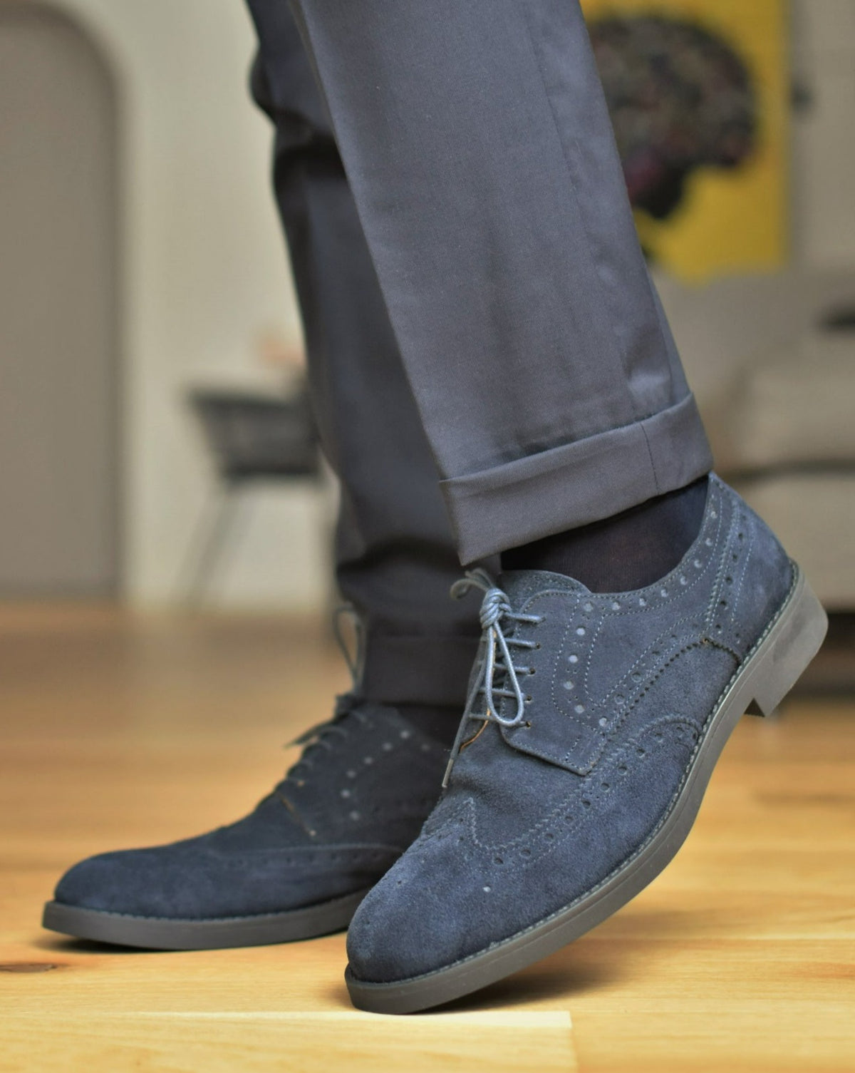 Scarpe Derby Uomo eleganti in pelle blu, suola in gomma, Ofanto