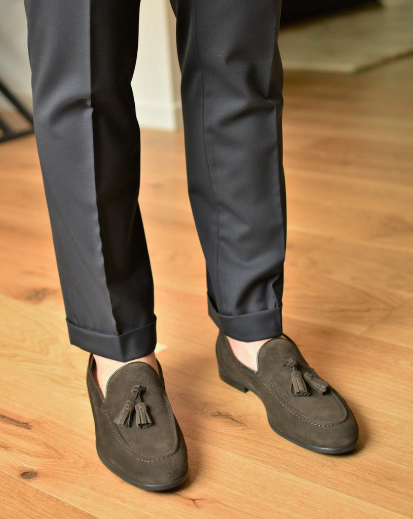 Mocassini Uomo In Camoscio Con Frange E Nappine Made In Italy | Suola In Gomma Antiscivolo, Taglie 40-45